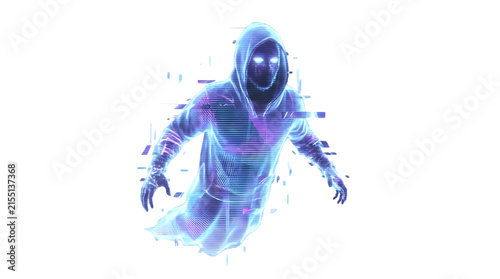Digital glitch effect hooded ghost spirit in blue.