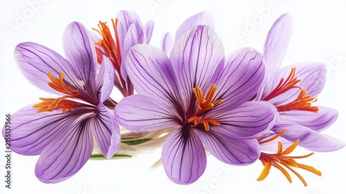 cluster of purple crocus flowers with vivid orange stigmas on white background, delicate and serene