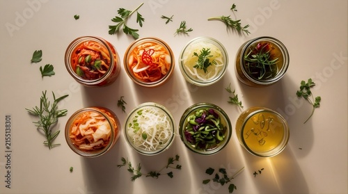 Fermented Foods Flat Lay with Kimchi and Kombucha Jars