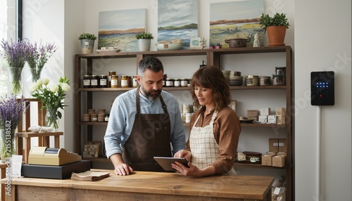Small Business Owners Discussing Inventory on Tablet in Cozy Shop Interior with Shelves of Goods and Plants