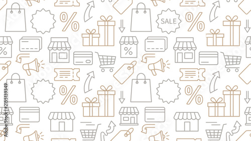 Seamless retail shopping icons pattern with sale and storefront elements.