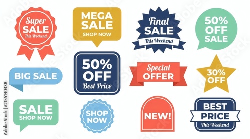 Vibrant sale badges and discount labels for eye-catching promotional designs and marketing materials
