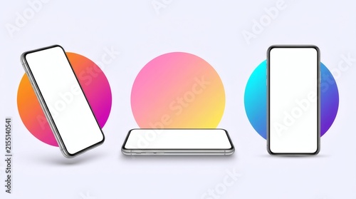Modern smartphones showcased with vibrant gradient display effects in 3D mockup design.
