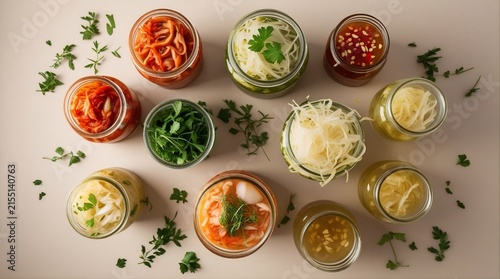 Fermented Foods Flat Lay with Kimchi and Kombucha Jars