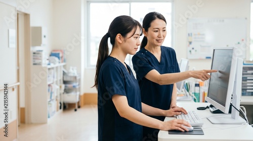 医療現場で電子カルテシステムを使ったOJT研修を受ける新人看護師と指導係