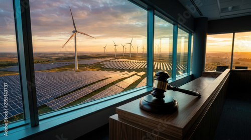 Climate change litigation and green energy mandates showing courtroom judge bench with gavel overlooking sustainable power infrastructure
