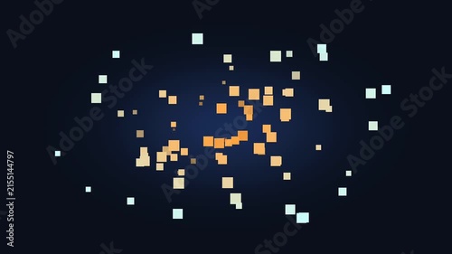 3D Exploding Pixel Cloud with Orange and Cyan Squares on Dark Blue Radial Glow – Abstract Nano Sphere Assembly & Data Burst Background Loop