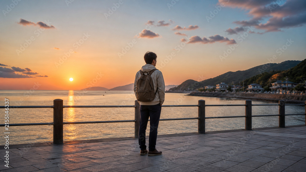 Fototapeta premium 夕暮れの海辺の遊歩道で地方風景を眺める日本人旅行者