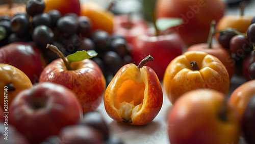 Wax fruit among real fruits, hollow interior visible through a crack.