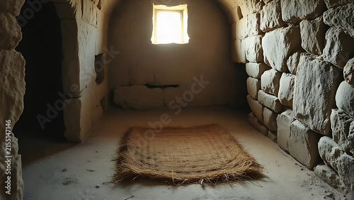 A nearly empty stone chamber with a straw mat and a small window.