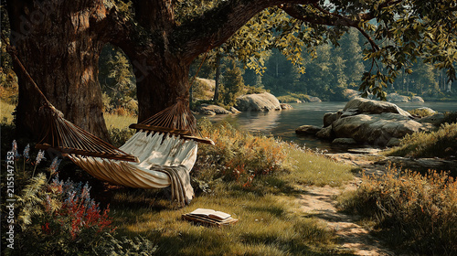 Hammocks hang between trees near a tranquil river landscape