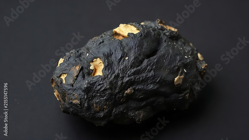 A piece of aged meat with a dark, textured surface resembling bark, covered in mold.