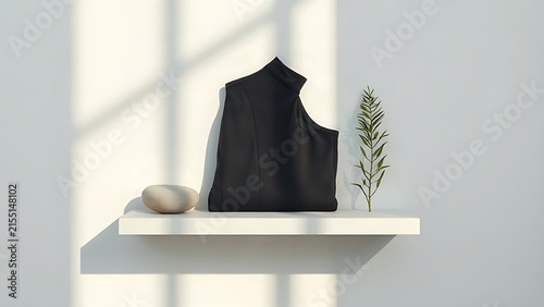 Rolled surf rashguard with stone and greenery on floating shelf, active lifestyle detail.