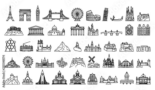 Canvas Print European Vacation Landmarks and Tourism Outline Vector Icon Collection