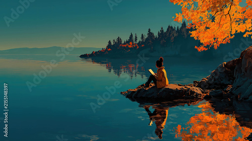Woman reading a book sits on a rock by a tranquil lake