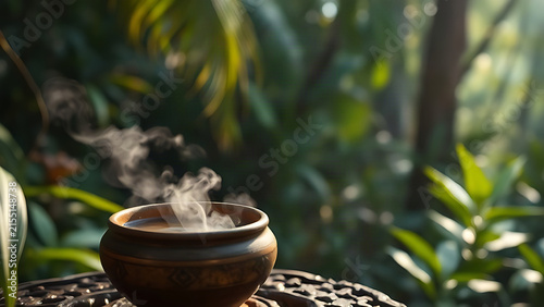 Ceramic bowl with herbal tea in the rainforest, mist and filtered daylight.