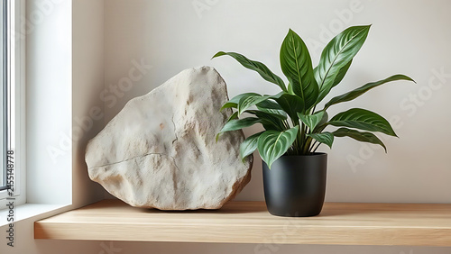 Split stone slab and potted monstera with wavy leaves on wooden shelf, natural home decor concept