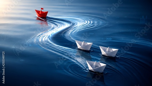 Red paper boat leading a group of white boats on blue water. Concept of corporate leadership and innovative business strategy.