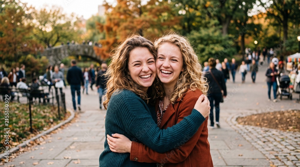 Fototapeta premium Two happy young women hugging and laughing in a park during autumn with colorful trees and people in the background