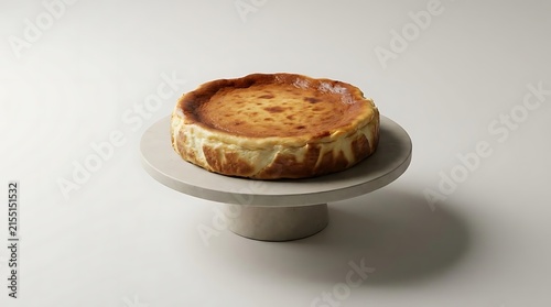 A classic rustic basque cheese cake served on a minimalist modern pedestal stand against a clean studio background capturing a simple elegant aesthetic