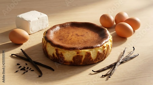 バスクチーズケーキ with cream cheese, farm eggs, and vanilla bean pods on a rustic wooden table for a delicious homemade dessert baking photography concept