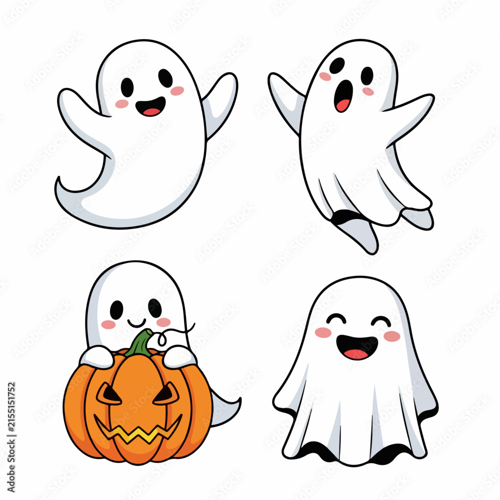 Fototapeta premium Cute Halloween Ghosts and Pumpkin Collection