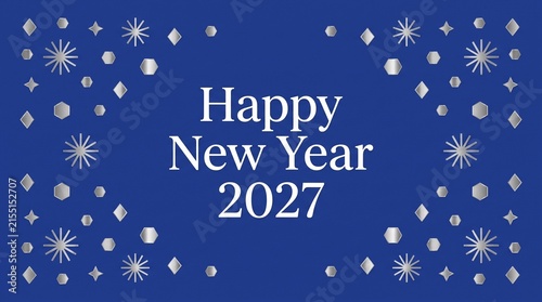 Happy New Year 2027 greeting centered on a vibrant blue background with sparkling silver star decorations for festive party posters.