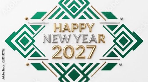 Elegant Happy New Year 2027 Green Gold Geometric Luxury Celebration Design