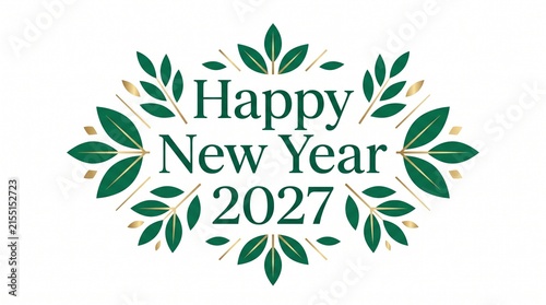 Happy New Year 2027 greeting displayed with green leaf wreath decoration isolated on a white background for seasonal banners.