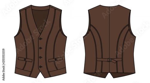 Classic Dark Brown Waistcoat Vest Technical Fashion Illustration Featuring Front and Back Flat Sketch Templates