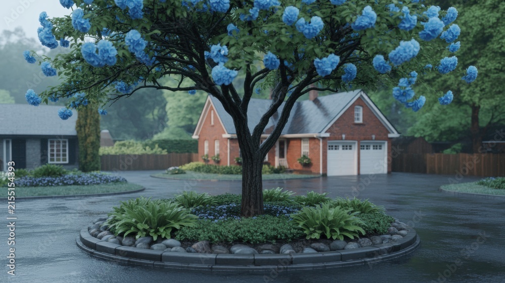 Obraz premium Suburban Street Scene With Brick Houses And Blue Flowered Tree In Rainy Atmosphere