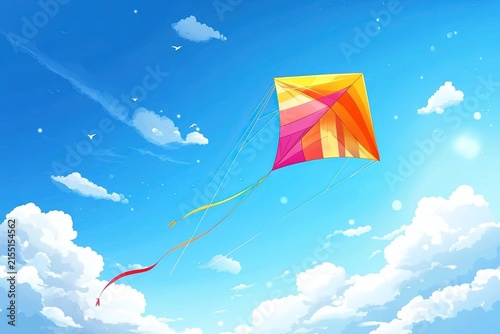Colorful kite flying in clear blue sky with fluffy
