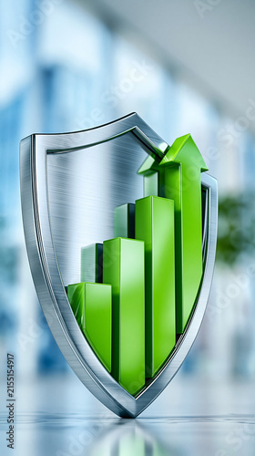 A metallic shield protecting an ascending green bar graph with an arrow, symbolizing growth, security, and financial protection.