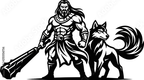 Konstfotografi Mythical warrior with loyal animal companion