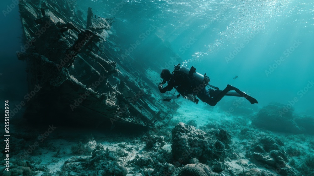 Obraz premium Underwater diver explores an old wooden shipwreck while sunlight beams down through the clear ocean water.