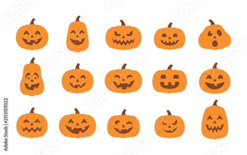 Set of fifteen different orange halloween pumpkin jack o lantern icons with various funny and scary facial expressions