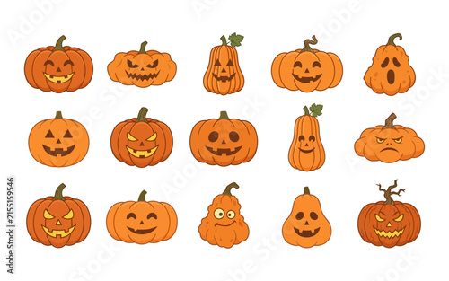 Set of cute and spooky jack o lantern pumpkins with various facial expressions for halloween holiday design