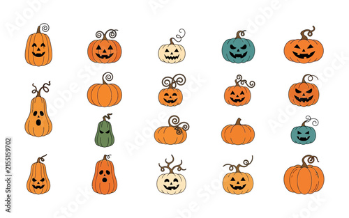 Set of cute and spooky hand drawn halloween pumpkin jack o lantern icons isolated on white background