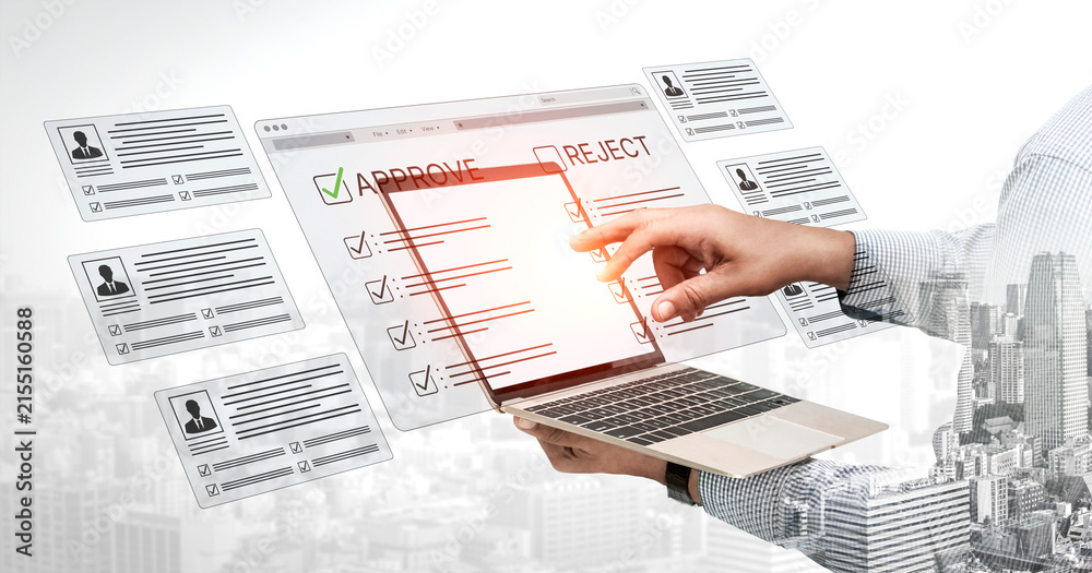 Obraz premium Businessman Reviewing Applications on Laptop with Approval and Rejection Options in a Modern Urban Setting. Bitwise.