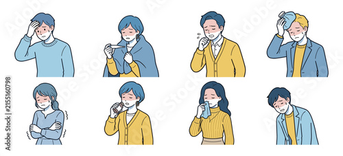 風邪や体調不良の症状を示す男女8人のイラストセット