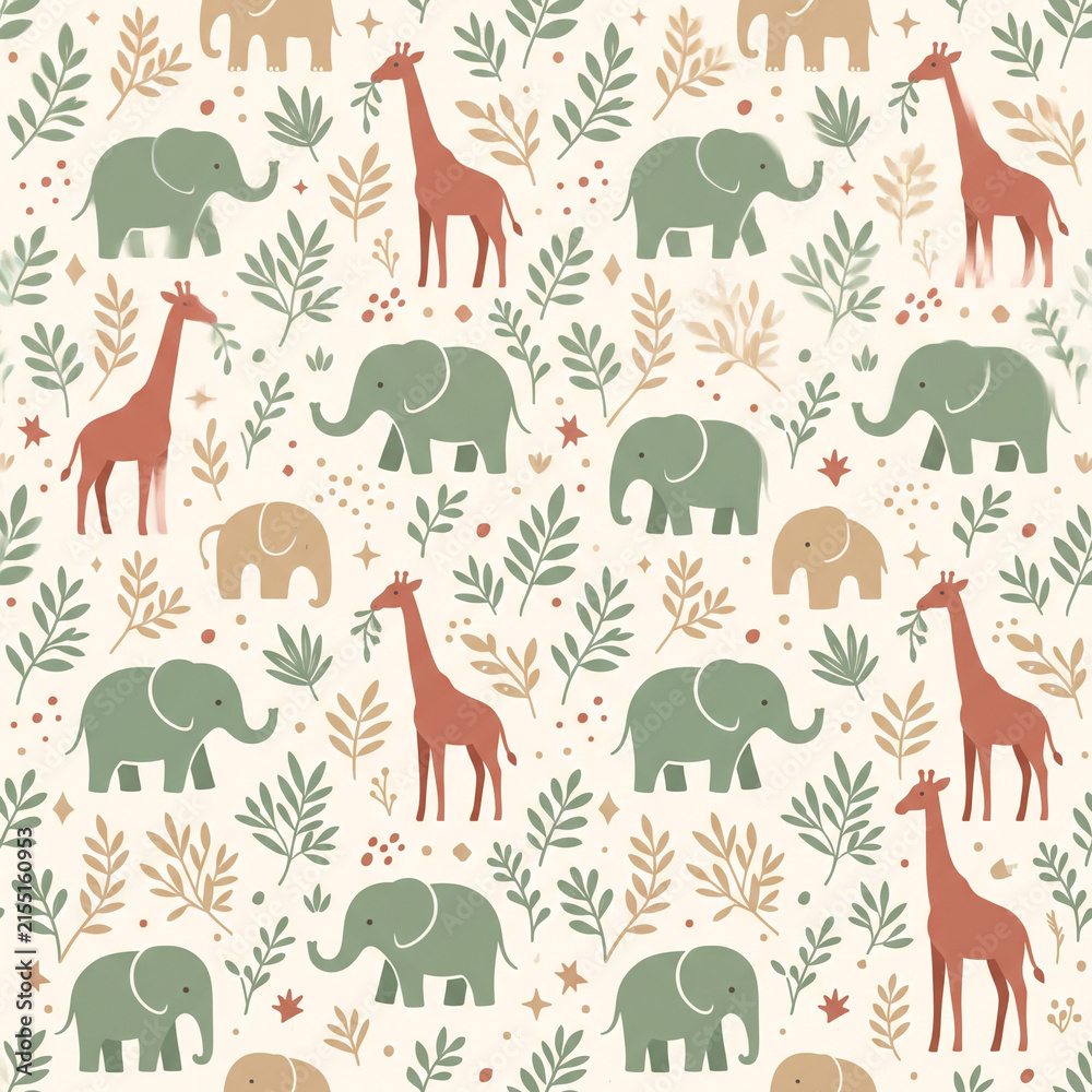 Obraz premium Cute Nursery Elephants Giraffes Leaves Cream Seamless Pattern Generative AI Background