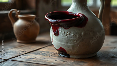 Antique ceramic jug with wine stain on rustic wooden table.
