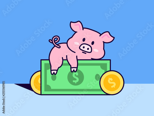 Cartoon piggy bank sitting on paper money with gold coins flat vector illustration representing saving money, personal finance, budgeting, investment, and financial education for sticker design