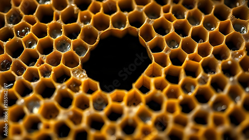 A single black honeycomb cell among golden ones, symbolic contrast.