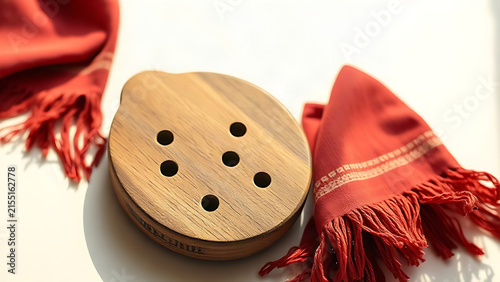 Wooden castanets and folded red fringed shawl on studio surface, Spanish dance and textile concept.