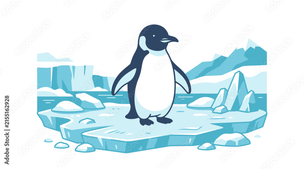 Obraz premium A cute cartoon penguin standing on a floating piece of ice.