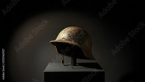 A single rusted steel helmet on a dark pedestal under a spotlight, showing mud and decay.