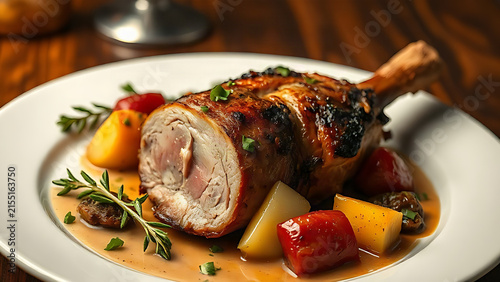 Roasted pork loin served with seasonal vegetables on a white plate, captured from above.