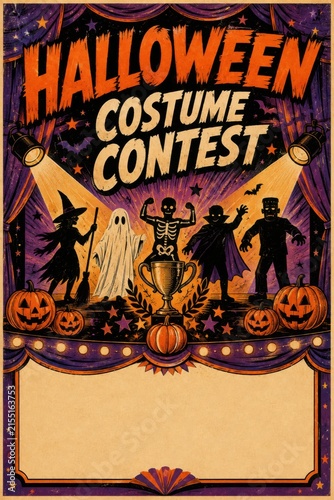 Halloween costume contest poster with spooky characters and pumpkins