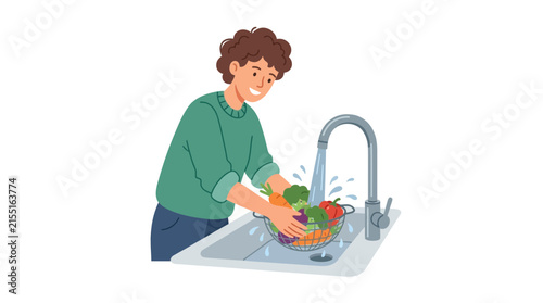 Person washing fresh vegetables in sink